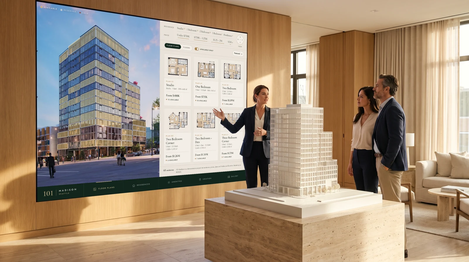 A sales director presenting a development to a couple on FloorStack, on an LED wall beside the building model