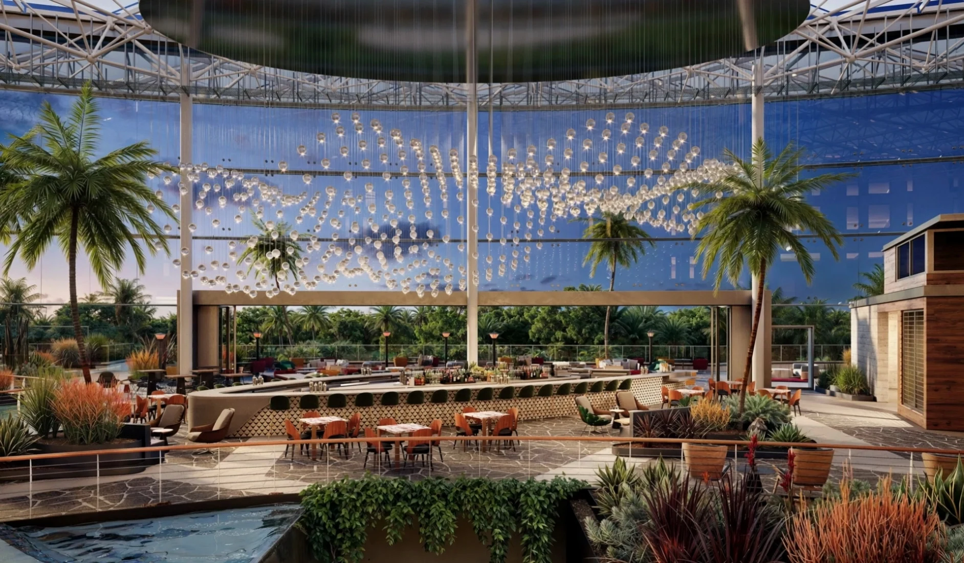 Rendering of Gaylord Pacific, a resort hotel project in Chula Vista, CA: atrium terrace with light installation – BOGZA