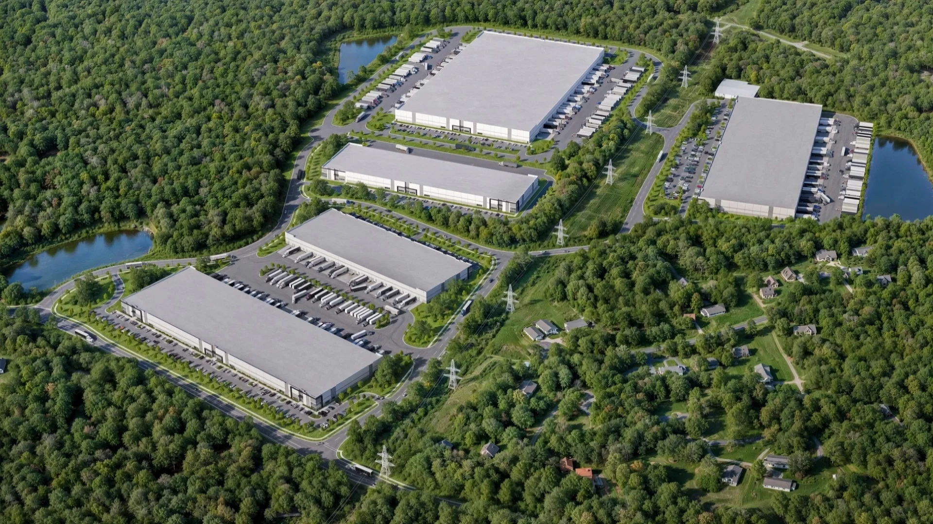 Aerial rendering of an industrial campus of warehouses in the trees – BOGZA