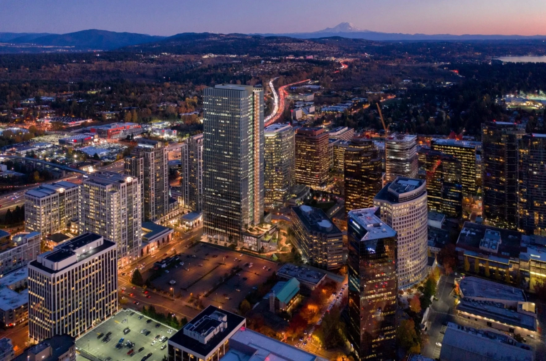 Dusk aerial rendering of 600 Bellevue, an office project in Bellevue, WA – BOGZA