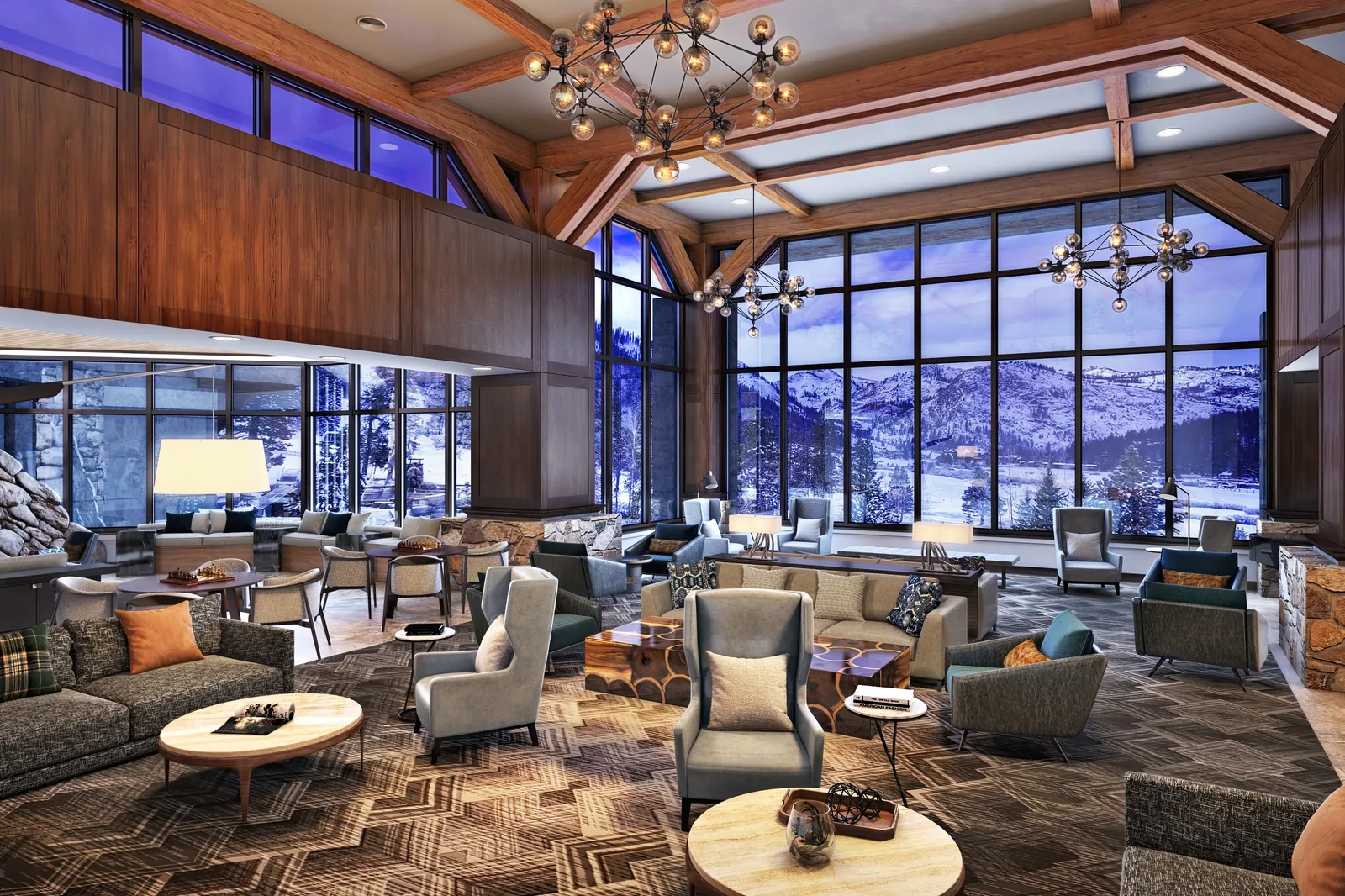 Lounge rendering of the Resort at Squaw, Olympic Valley – BOGZA