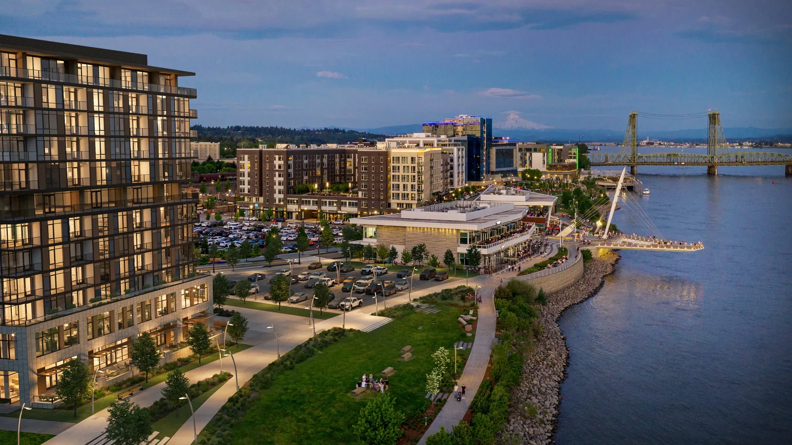 The Springs at The Waterfront, a senior living community on the Columbia River in Vancouver, Washington, at dusk – BOGZA